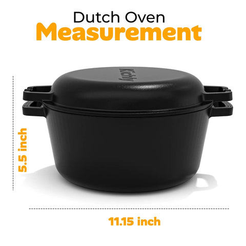 Heavy Duty Cast Iron Dutch Oven With Dual Purpose Skillet Lid 5 Quart Preseasoned Pot measurement dimensions 5.5 x 11.15 inch
