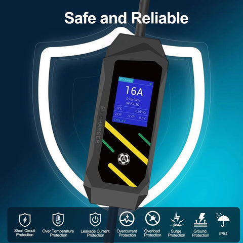 No Brainer Plug And Play Portable EV Charger With GB/T Connector and NEMA 5 15 Household Plug, features LCD screen showing 16A settings.