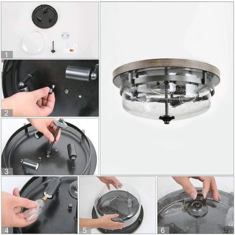 Farmhouse Flush Mount Ceiling Light With Faux Wood Finish And Seeded Glass Shade installation process and details