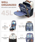 Front view of Tonyeee rolling backpack for women; beige 22-inch carry-on with wheels, blue interior, multiple pockets.