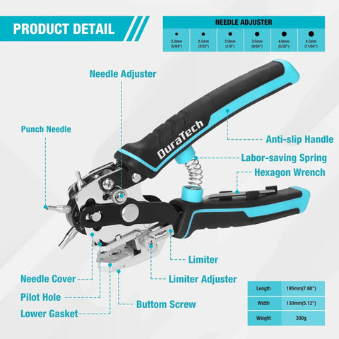 Beefy Heavy Duty Leather Hole Punch Set With Six Hole Sizes 2mm 2.5mm 3mm 3.5mm 4mm 4.5mm, pro-grade punch plier with labeled parts.