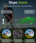Diagram of Go To Golf Rangefinder With Slope And Anti Shake Tech showing slope measurement and distance in mountain terrain.