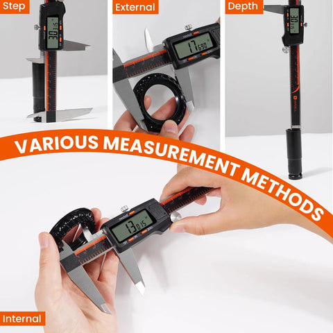 Digital caliper with LCD display, stainless steel, 0-8 inch, for internal/external and depth measurements