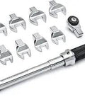 12 Piece One Quarter Inch Drive Metric Open End Interchangeable Torque Wrench Set with steel heads displayed, black handle