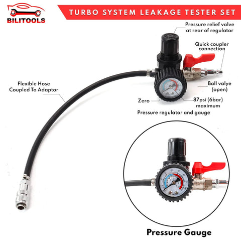 Front view of BILITOOLS 9-piece turbo leakage tester kit with gauge and flexible hose