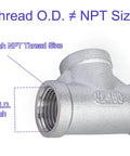 1/2 in NPT stainless steel female tee, 304 SS, 3-way pipe fitting, front view