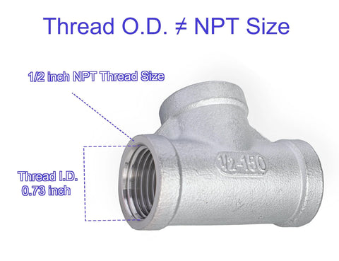 1/2 in NPT stainless steel female tee, 304 SS, 3-way pipe fitting, front view