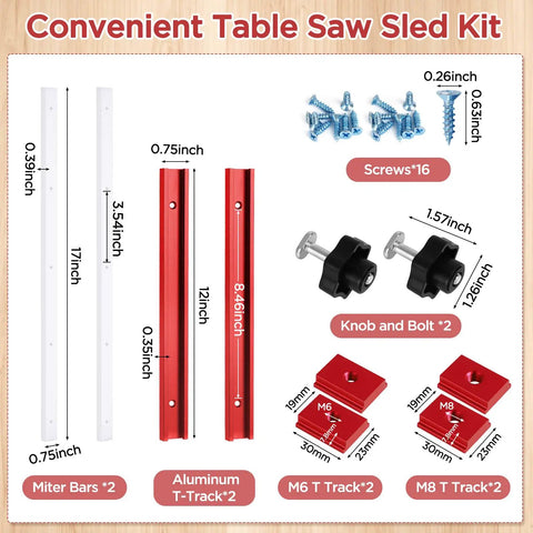 Image showing Pro Grade Table Saw Crosscut Sled Kit with 2 aluminum T Tracks, 2 UHMW miter bars, knobs, bolts, and 16 screws.