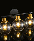 Three Light Bathroom Vanity Light With Clear Globe Shade, Black And Brass Modern Wall Sconces Over Mirror, 22 Inch Vintage Vibe Fixture