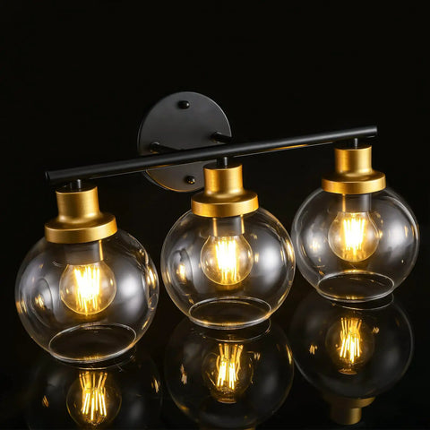 Three Light Bathroom Vanity Light With Clear Globe Shade, Black And Brass Modern Wall Sconces Over Mirror, 22 Inch Vintage Vibe Fixture