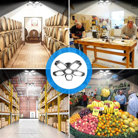 Two Pack 120W LED Garage Ceiling Lights, 12,000 Lumens Of Daylight 6500K illuminating diverse spaces like shops and warehouses