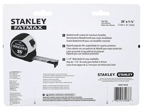 Back of FatMax 25 Foot Tape Measure Set Yellow Four Total, Two Per Pack, Durable Auto Lock Blade, FMHT74038 packaging
