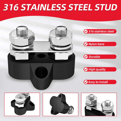 Close-up of Beefed Up 12V 200A Power Distribution Block with dual M8 stainless steel studs, black base, shown with detailed features.