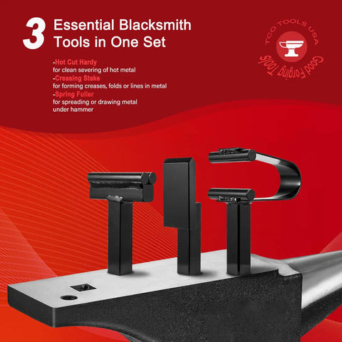 1 Inch Blacksmith Hardy Tool Set With Hot Cut, Creasing Stake, And Spring Fuller For Anvil Or Vise Use displayed on anvil