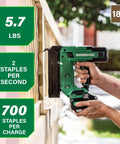Person using Cordless 18V Narrow Crown Stapler Kit With 2.0Ah Battery Drives Half Inch To One And A Half Inch Staples on wood fence