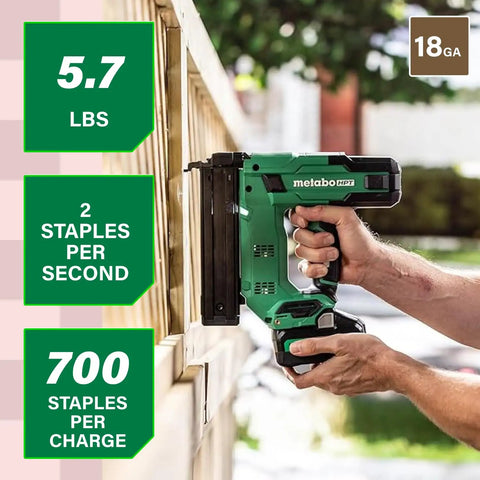 Person using Cordless 18V Narrow Crown Stapler Kit With 2.0Ah Battery Drives Half Inch To One And A Half Inch Staples on wood fence