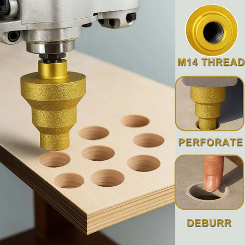 TNDCKP diamond core drill bit, gold cone tile bit with M14 thread drilling holes in wood panel