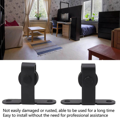 Ultra Quiet Mini Cabinet Barn Door Hardware Kit For Double Sliding Door Track Roller System in a modern living room.