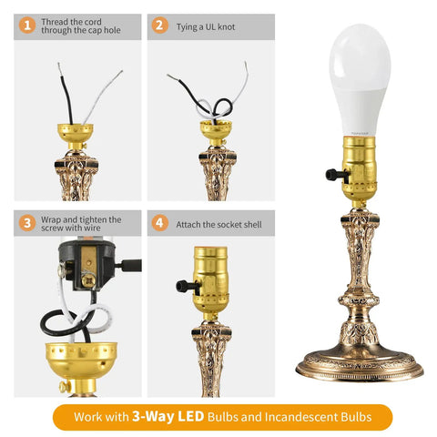 2-Pack UL Listed E26 Lamp Socket Replacement With Gold Finish showing installation steps on a vintage floor lamp