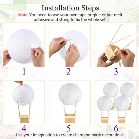 Easy DIY Hot Air Balloon Centerpieces Kit With White Paper Lanterns 24 Lanterns 24 Wooden Baskets And 100 Sticks assembly steps