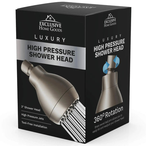 Packaging of Ultra High Pressure Chrome Shower Head Delivers Crazy Strong Spray With Anti Clog Silicone Nozzles Easy Clean Design