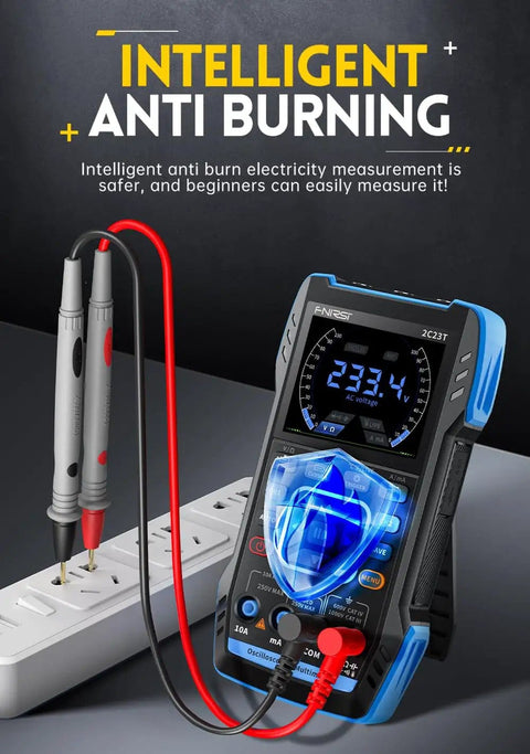 Three In One Oscilloscope Multimeter And DDS Signal Generator Handheld Tool with probes, 10 MHz bandwidth displayed in use