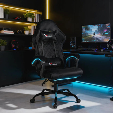 Gaming Chair With Pocket Spring Cushion Extendable Footrest Swivel Recliner And Headrest Breathable Soft Flannel Fabric Black