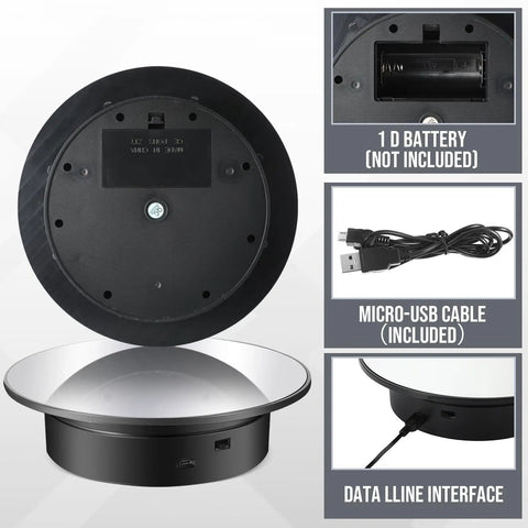 Smooth 7.87 Inch Motorized Rotating Display Stand With Sleek Mirror Surface showcasing its underside with battery and USB port details.