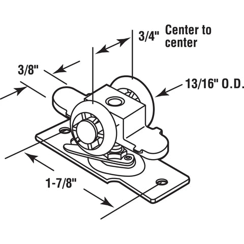 Diagram of Pocket Door Roller Assembly 13/16 Inch Convex Wheel With Plastic Tires, Steel Bracket And Ball Bearings, dimensions labeled