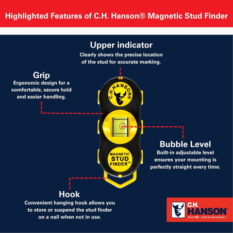 Magnetic Stud Finder With Battery-Free Design, Rare Earth Magnets, Finds Nails And Screws Behind Drywall, Built-In Rotating Level For Precise TV Mounts, Shelves, And Home Projects. Features grip, bubble level, and hook.