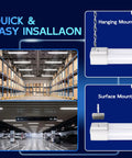 Image showing Ten Pack 4ft Linkable LED Shop Light Fixture 4400 Lumens highlighting hanging and surface mounting options.