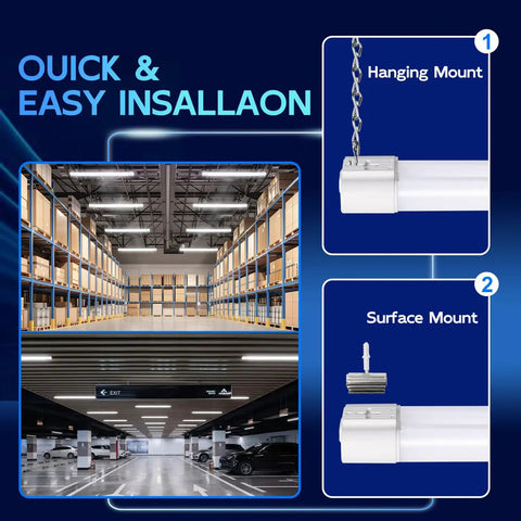 Image showing Ten Pack 4ft Linkable LED Shop Light Fixture 4400 Lumens highlighting hanging and surface mounting options.