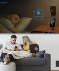 Upper view of USB Charger Wall Outlet With Type A And Type C Ports 15 Amp Duplex Receptacle in use, nighttime; lower view in living room.