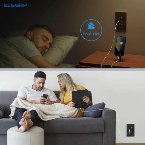 Upper view of USB Charger Wall Outlet With Type A And Type C Ports 15 Amp Duplex Receptacle in use, nighttime; lower view in living room.