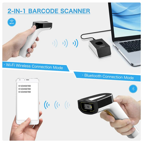 WiFi QR Barcode Scanner With Bluetooth For 1D And 2D Barcodes Supports TCP UDP Network Protocols For Inventory POS Computer Tablet iPhone iPad And Android Devices, showing wireless connection to laptop and smartphone.