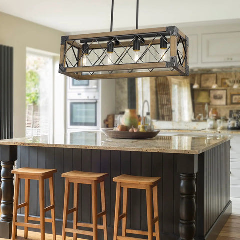 5 Light Rustic Farmhouse Linear Chandelier over kitchen island, 27 inch wood and metal pendant light in modern farmhouse style.