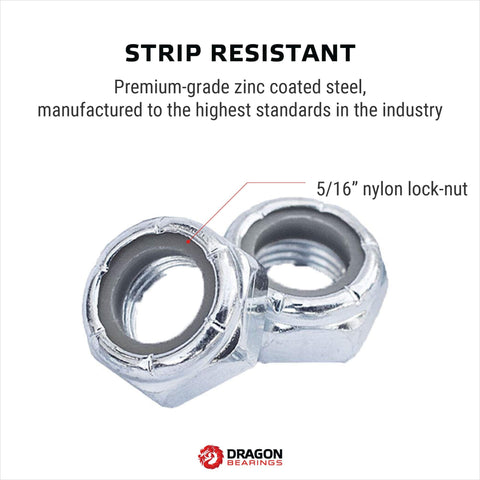 Close-up of 5/16" nylon lock-nuts showing durable silver finish, part of Speed Kit 48Pc Spacer Washer Axle Nut Set For Skateboard And Longboard.