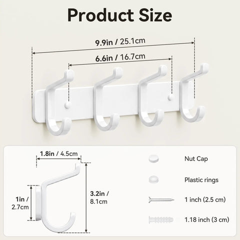 Hella Sturdy Wall Mount Coat Rack Featuring Heavy Duty Double Steel Hooks For Backpack Storage And Rust Proof Coating For Mudroom Storage That Handles Maximum Load Zero Fuss, showing size measurements and back panel design.