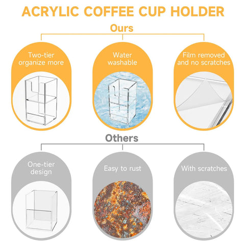 Comparison of two tier upright cup and condiment organizer with two compartment clear acrylic cup dispenser and ordinary holders