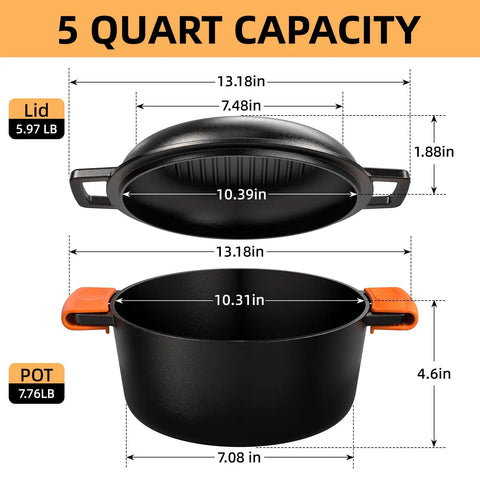 Built Tough Cast Iron Dutch Oven Pot With Skillet Lid 5 Qt Pre Seasoned Non Toxic PFAS Free dimensions and weight details