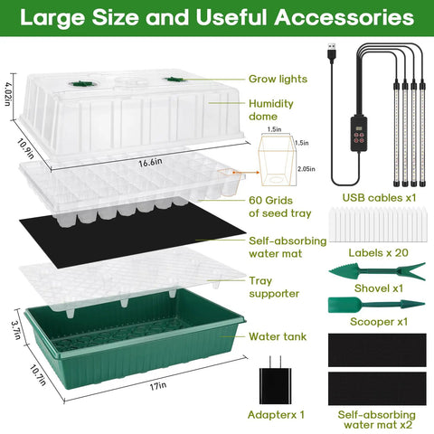 Self Watering Seed Starter Kit With Grow Light, 120-Cell Germination Tray, 1-24 Hour Timer, Humidity Dome, Indoor Plant Starter Kit, Seedlings Tray Green