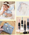 Collage of a baby with a bib eating fruit, baby clothes, a quilted wallet held in hand, and colorful collapsible umbrellas on a table
