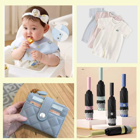 Collage of a baby with a bib eating fruit, baby clothes, a quilted wallet held in hand, and colorful collapsible umbrellas on a table