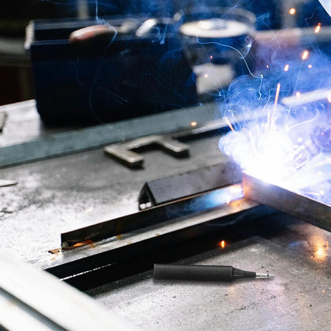 Soldering scene with sparks and a Top Tier 5 Piece Copper Soldering Iron Tips Set Including Durable Model I B K And 2.4d Nozzles.