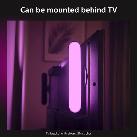 Purple Hue Play Light Bar mounted on TV with 16 Foot Extension Cable For Hue Play Light Bar Black 1 Pack Extend Your Hue Setup With Long Reach No Brainer Easy Plug In Power Supply Not Included Great For Smart Home Automations.