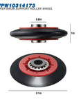 WPW10314173 dryer drum support roller wheel for Whirlpool Cabrio Duet, front and top view with dimensions: 3.1in diameter, 1in height.