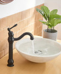 Matte Black Vessel Sink Faucet With 360 Degree Swivel, Single Handle One Hole Lavatory Mixer Tap in modern bathroom setting