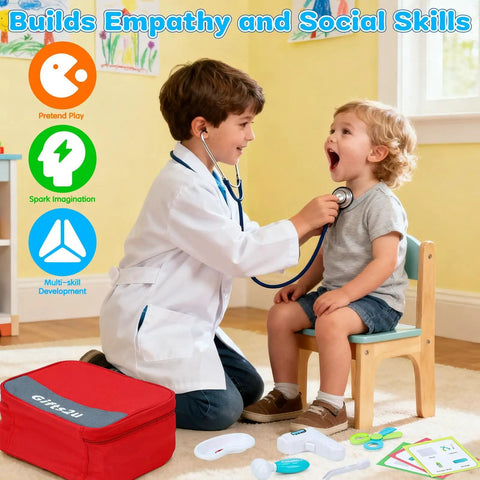 Kids playing with Kids Doctor Kit With Real Stethoscope And Storage Bag, 28 Piece Pretend Play Medical Toy For Girls And Boys.