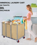 Heavy Duty Commercial Laundry Cart With Wheels Industrial Stainless Steel Linen Tote For Hotel Housekeeping filled with colorful clothes.
