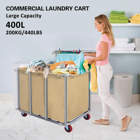 Heavy Duty Commercial Laundry Cart With Wheels Industrial Stainless Steel Linen Tote For Hotel Housekeeping filled with colorful clothes.